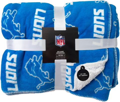 Detroit Lions Faux Sherpa Lined Blanket With Soft Coral Fleece - Blue