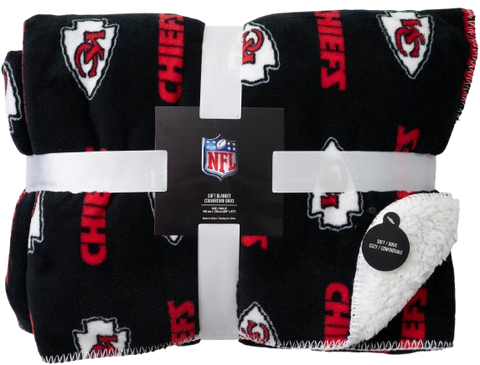 Kansas City Chiefs Faux Sherpa Lined Blanket With Soft Coral Fleece - Black