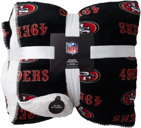 San Francisco 49ers Faux Sherpa Lined Blanket With Soft Coral Fleece - Black