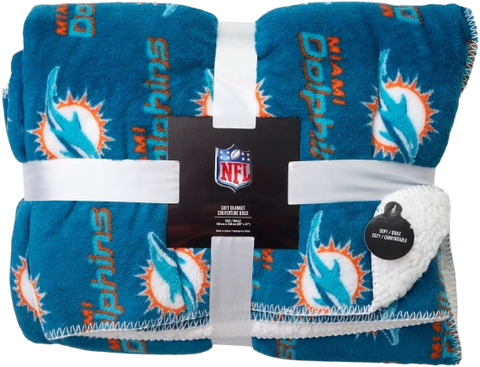 Miami Dolphins Faux Sherpa Lined Blanket With Soft Coral Fleece - Aqua